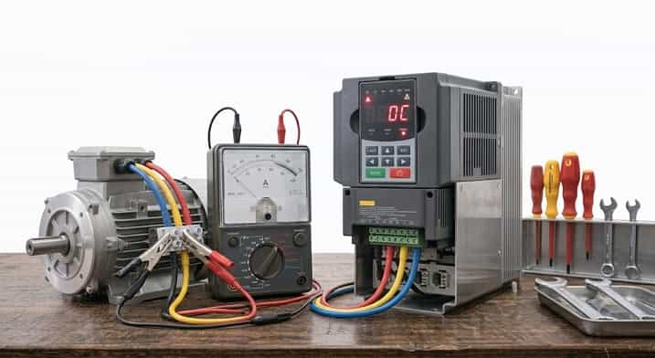 نمای نزدیک اینورتر صنعتی با خطای مکرر Overcurrent در کنار دستگاه مگااهم‌متر متصل به ترمینال موتور سه فاز