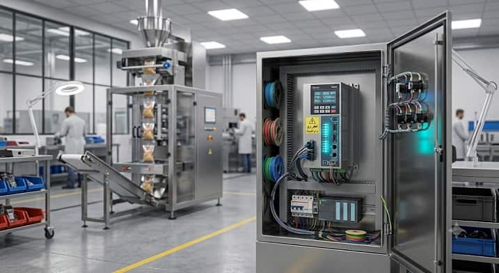 نمای نزدیک از درایور سروو صنعتی مدرن نصب‌شده در تابلو برق یک کارخانه بسته بندی بومی در ایران با رنگ‌بندی آبی الکتریک.