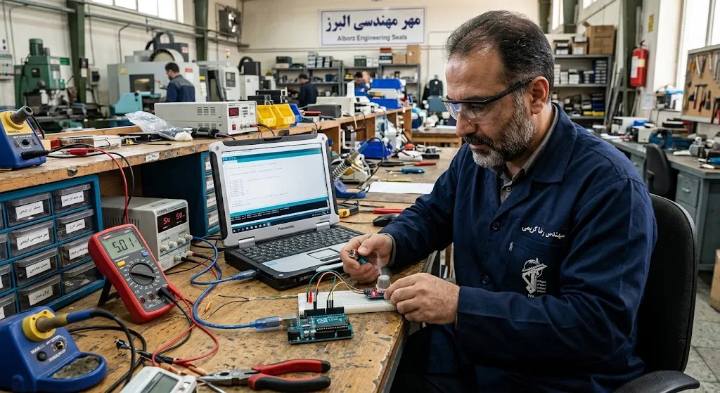 مهندس الکترونیک در حال کالیبراسیون سنسور گاز سری MQ با برد آردوینو در میز کار برق صنعتی