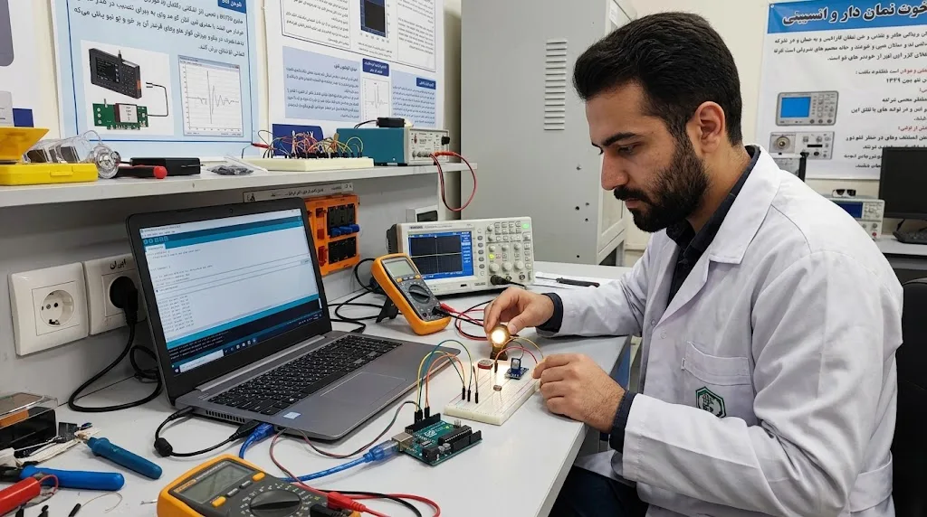 مهندس الکترونیک در حال تست و کالیبراسیون سنسور نور فتورزیستور LDR و BH1750 با برد آردوینو در کارگاه برق