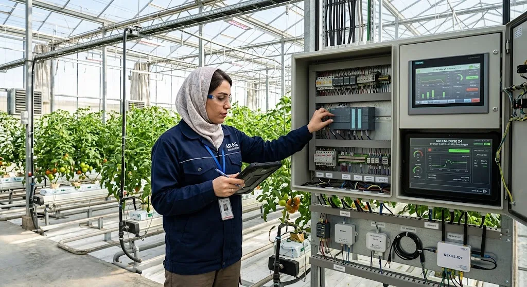 مهندس برق و اتوماسیون ایرانی در حال برنامه ریزی تابلو کنترل هوشمند و مانیتورینگ سنسورهای محیطی در یک گلخانه صنعتی مدرن