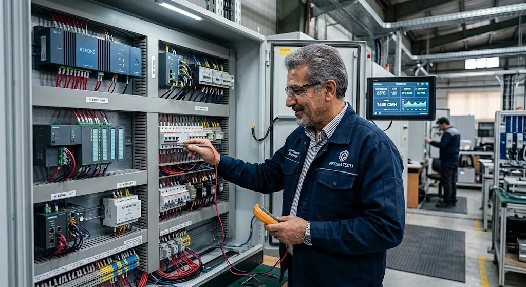 مهندس ارشد برق و اتوماسیون ایرانی در حال کالیبره کردن تابلو کنترل هوشمند HVAC مجهز به پردازنده هوش مصنوعی و سنسورهای IoT