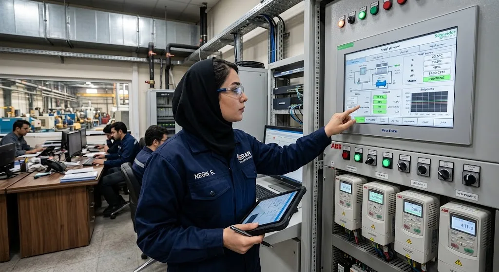 مهندس اتوماسیون در حال تنظیم مانیتورینگ سیستم کنترل هوشمند تهویه HVAC در تابلو برق صنعتی