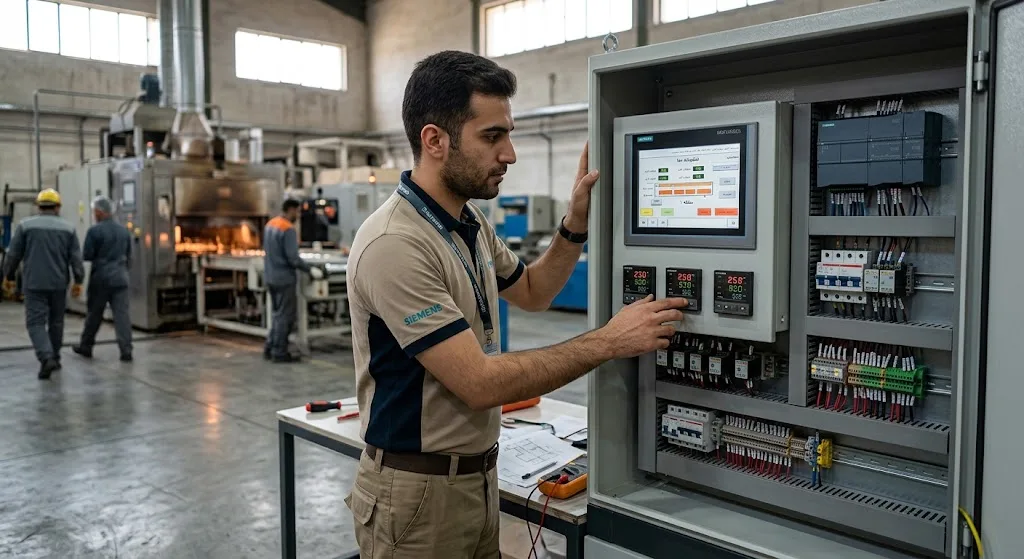 مهندس برق و اتوماسیون صنعتی ایرانی در حال تنظیم سیستم کنترل هوشمند گرمایشی صنعتی با PLC و ترموستات هوشمند در کارخانه
