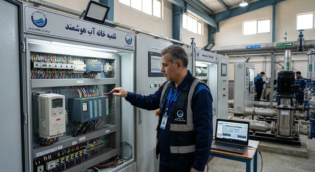 مهندس برق در حال تنظیم تابلو کنترل هوشمند بوستر پمپ آب با اینورتر و ترانسمیتر فشار